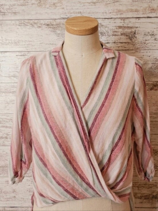 Elan Tops - Elan Striped Linen Blend Faux Wrap Twist Front Top Blouse NWOT